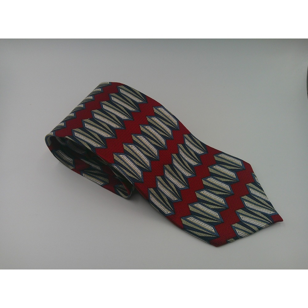 Brandini Le Collezioni Men's Silk Tie Red Blue Geometric Art Deco Pattern USA